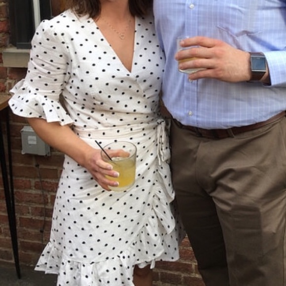 Ivory linen wrap dress with embroidered dots - Picture 2 of 5